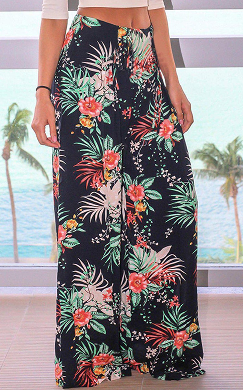 ECOWISH Wide Leg Pants for Women Summer 2024 Palazzo Tropical Floral Belted Casual Lightweight High Waist Flared Trousers with Pockets Navy Blue Large - Image 2
